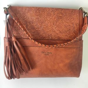 Darcy Marks London woman's vegan embossed tooled leather shoulder bag NWT large